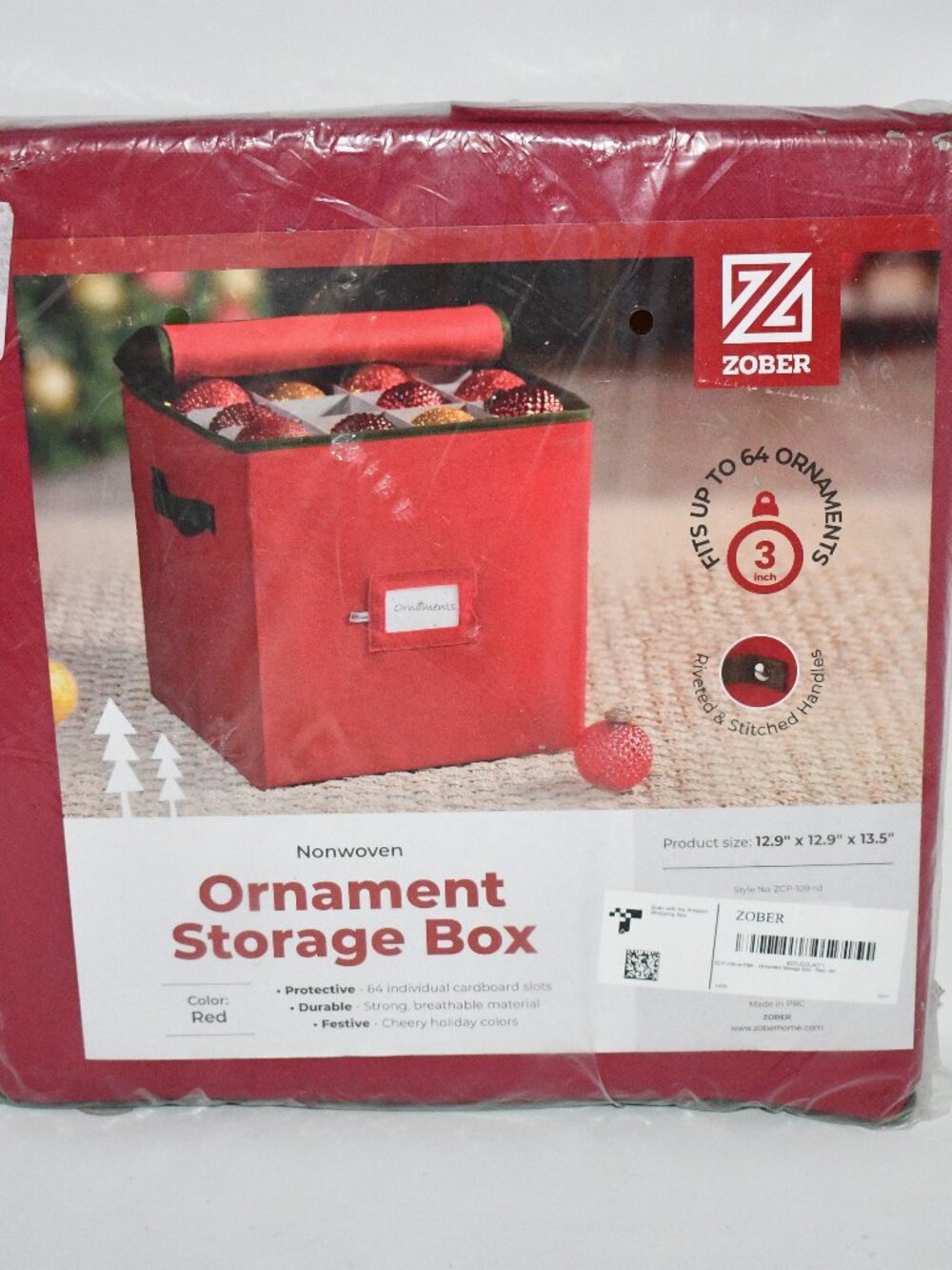 ZOBER Christmas Ornament Storage Box, Holds 64 Ornaments, Green, NWT